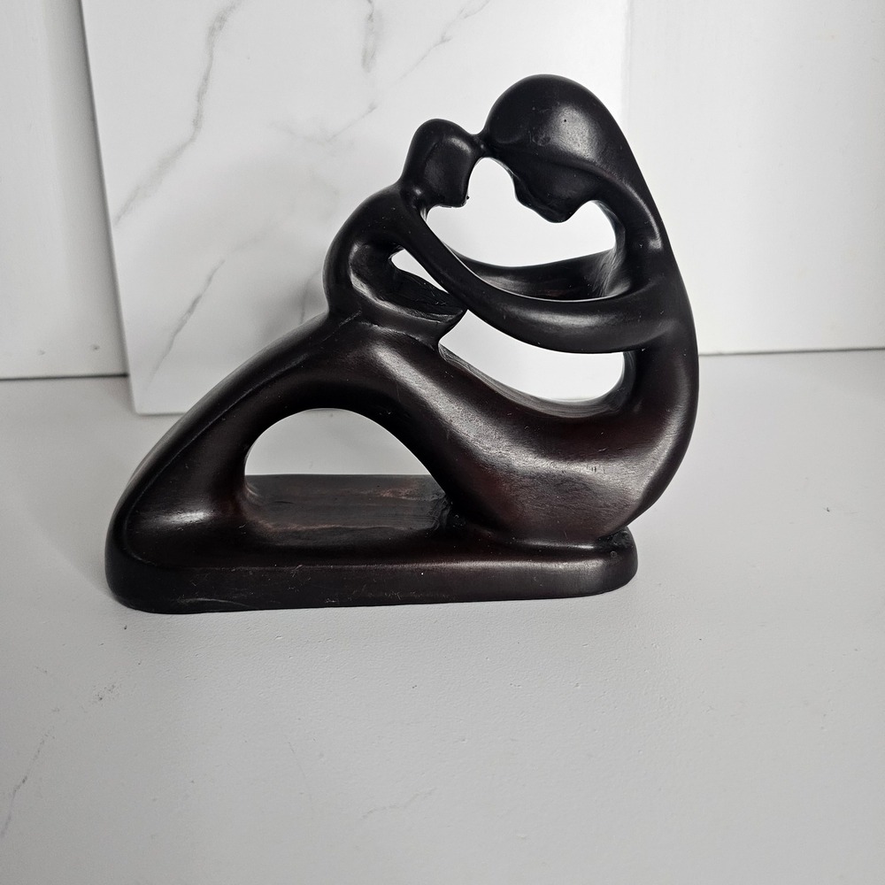 Abstract Mother Child Modernist Embrace Sculpture Dark Wood Carving Art Figurine